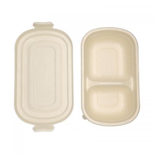 750ml 1000ml Compostable 2 Compartments Takeout Bagasse Bento Box with Lid